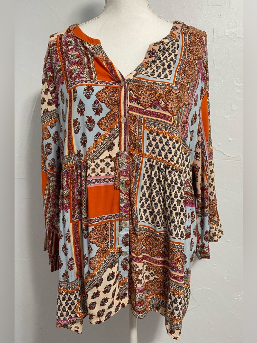 Boho Patchwork Long-Sleeve Tunic Dress - Orange Multi